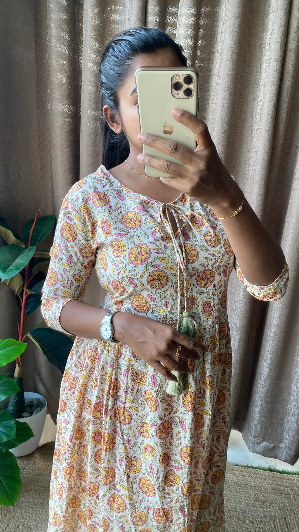 Cream floral Cotton printed kurti maxi dress