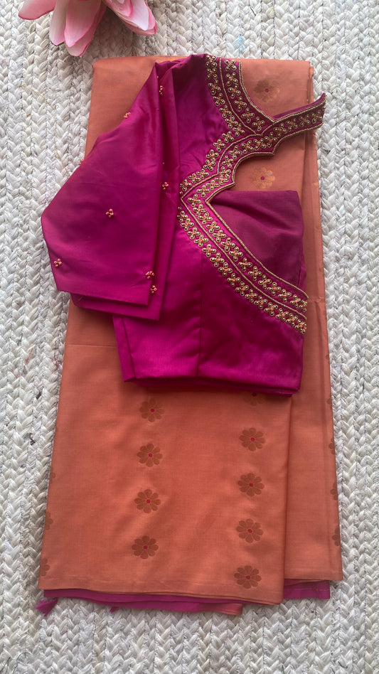 (Free full draping ) Orange silk saree with pink hand worked blouse