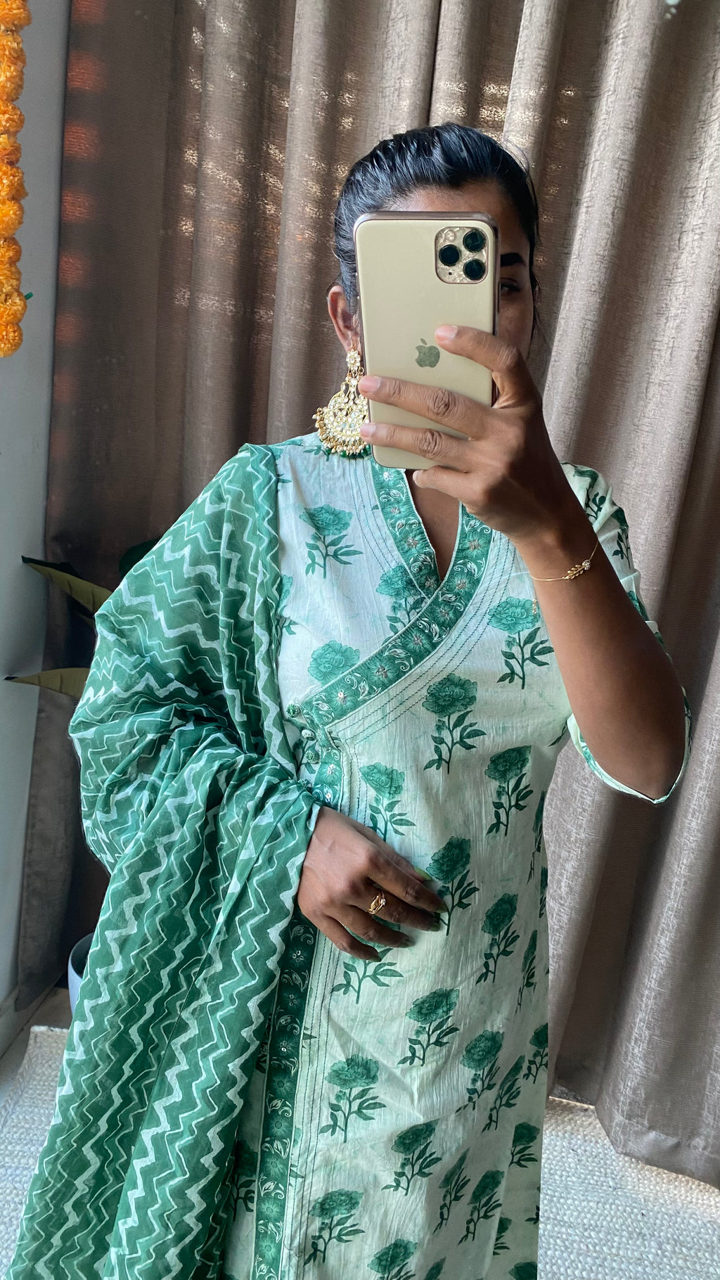 Green and white cotton embroidery 3 piece kurti set