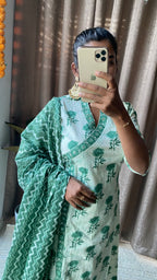 Green and white cotton embroidery 3 piece kurti set
