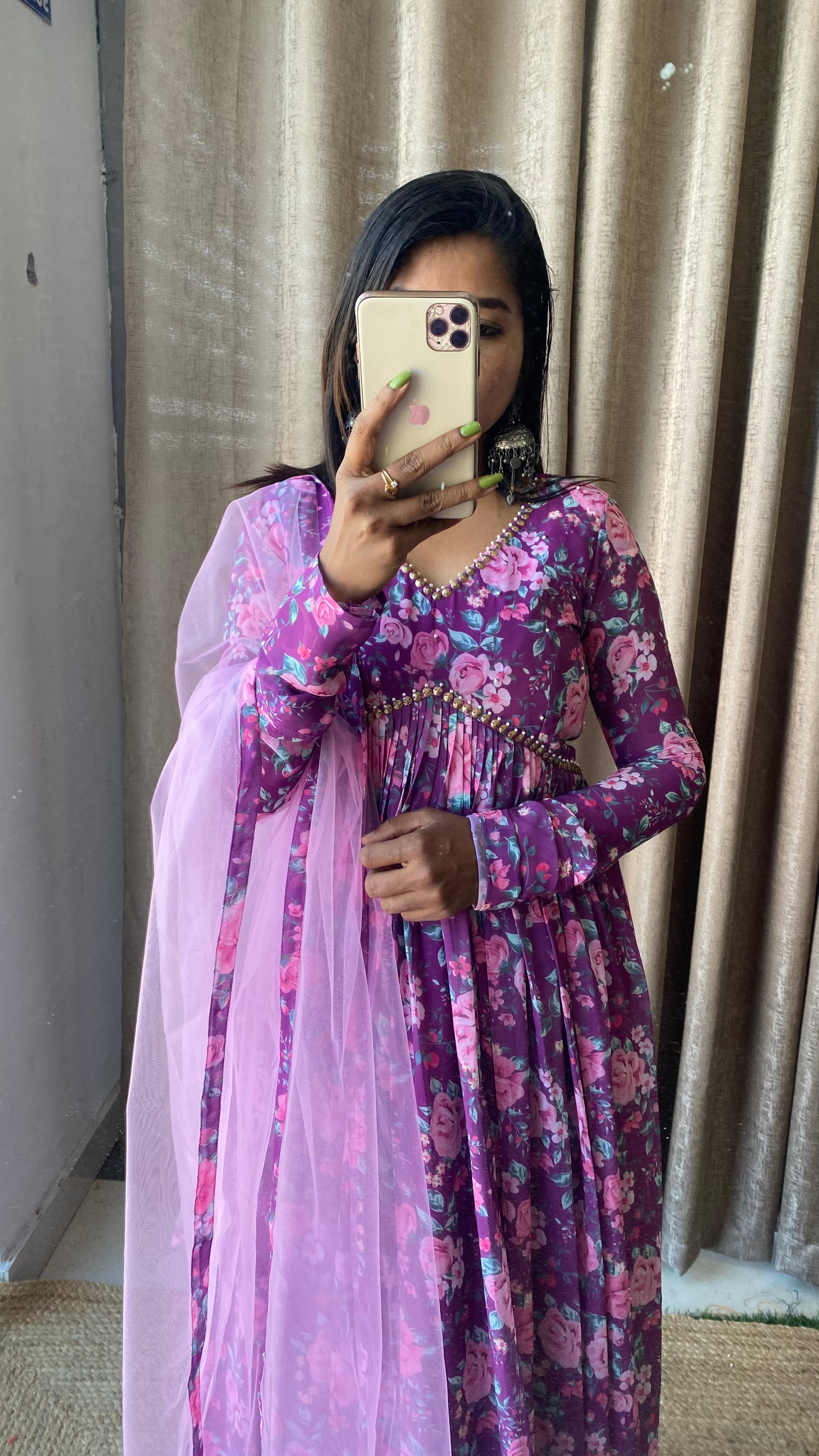 Purple floral georgette full length kurti dress