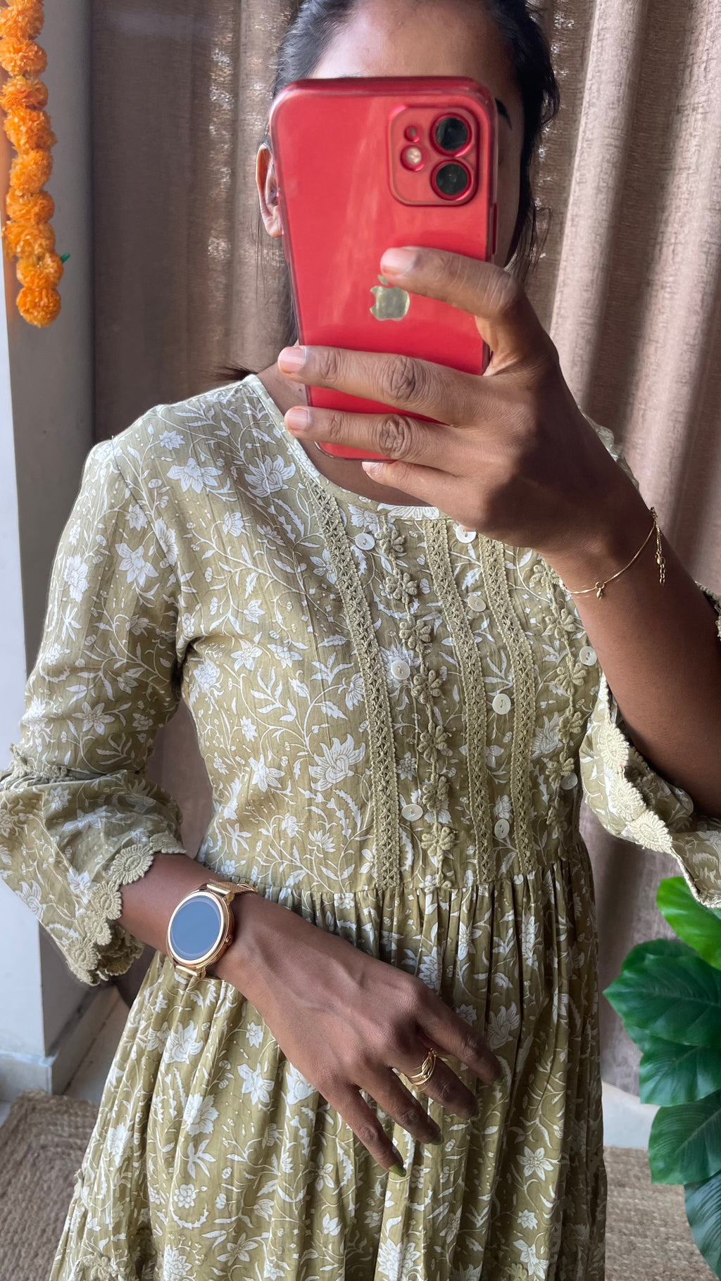 Light green Cotton printed embroidery short kurti top
