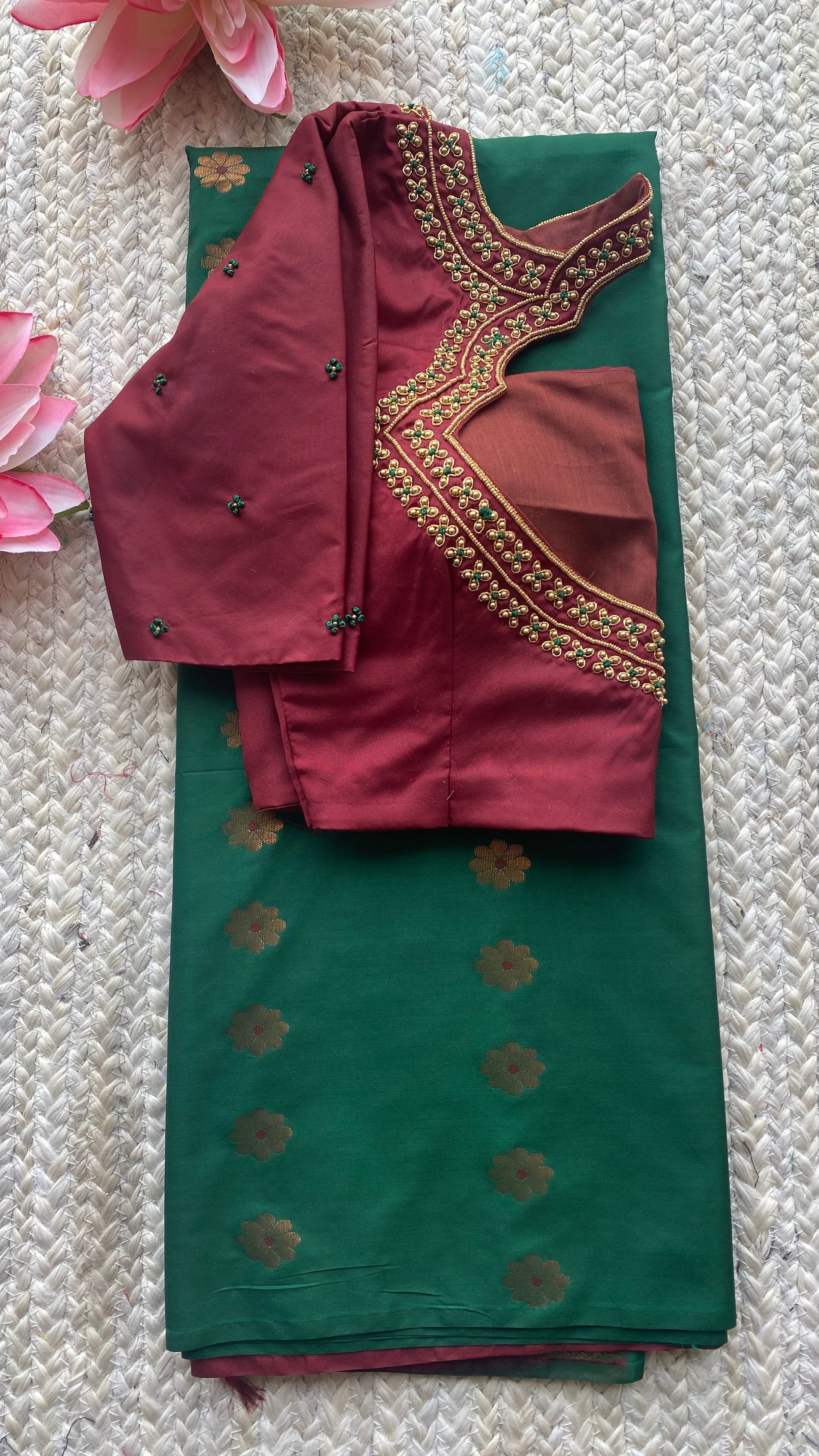 (Free full draping )bottle green silk saree with maroon hand worked bl ...