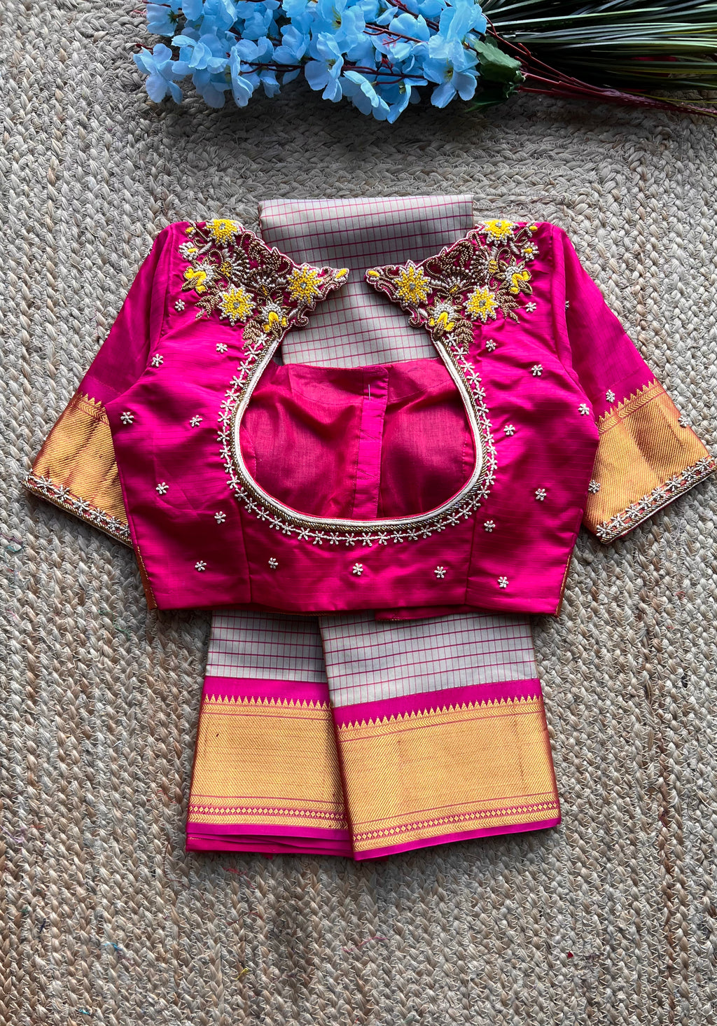 Beige and Pink kanchipuram silk saree with hand worked blouse - Threads
