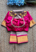 Beige and Pink kanchipuram silk saree with hand worked blouse - Threads