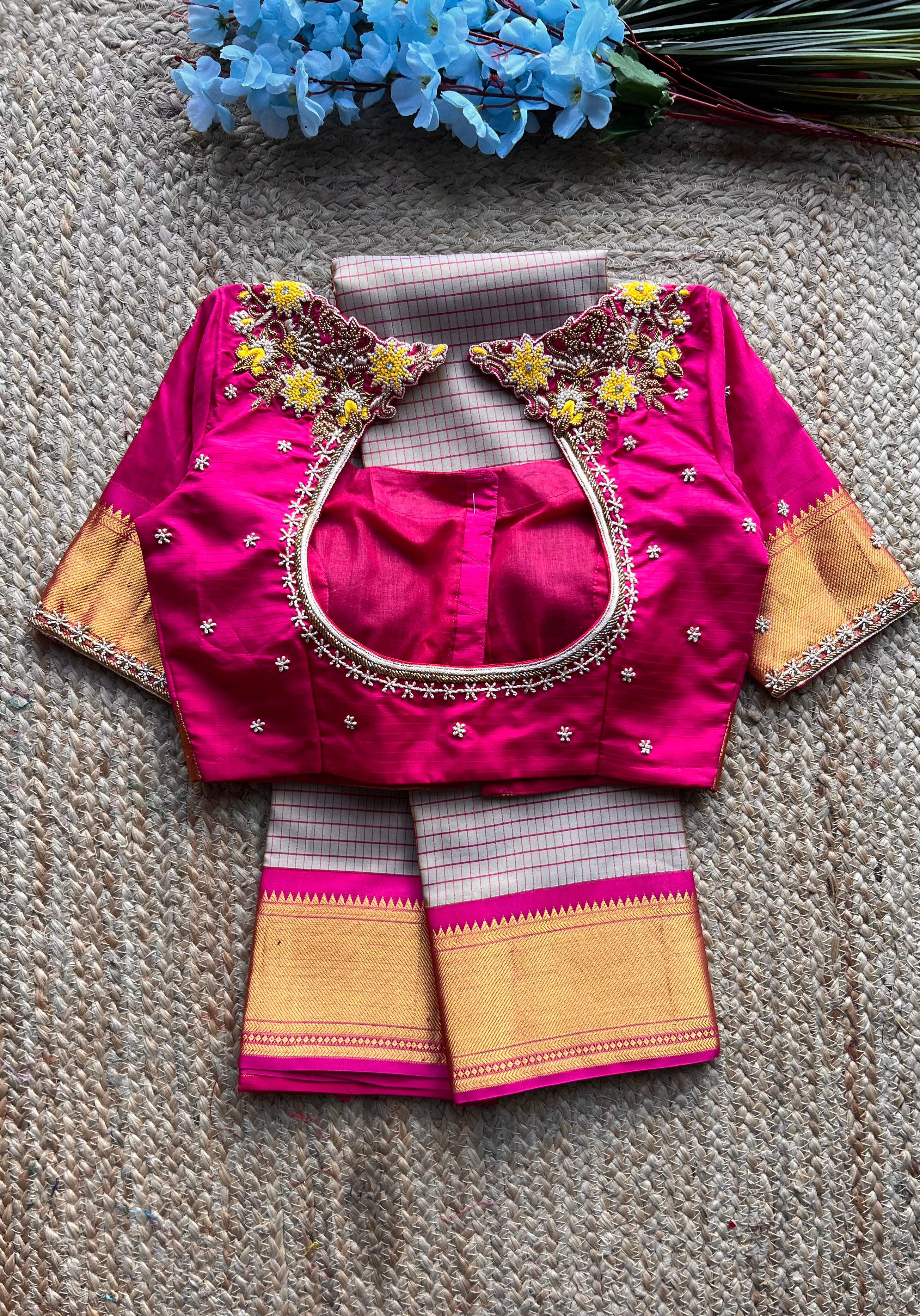 Beige and Pink kanchipuram silk saree with hand worked blouse - Threads