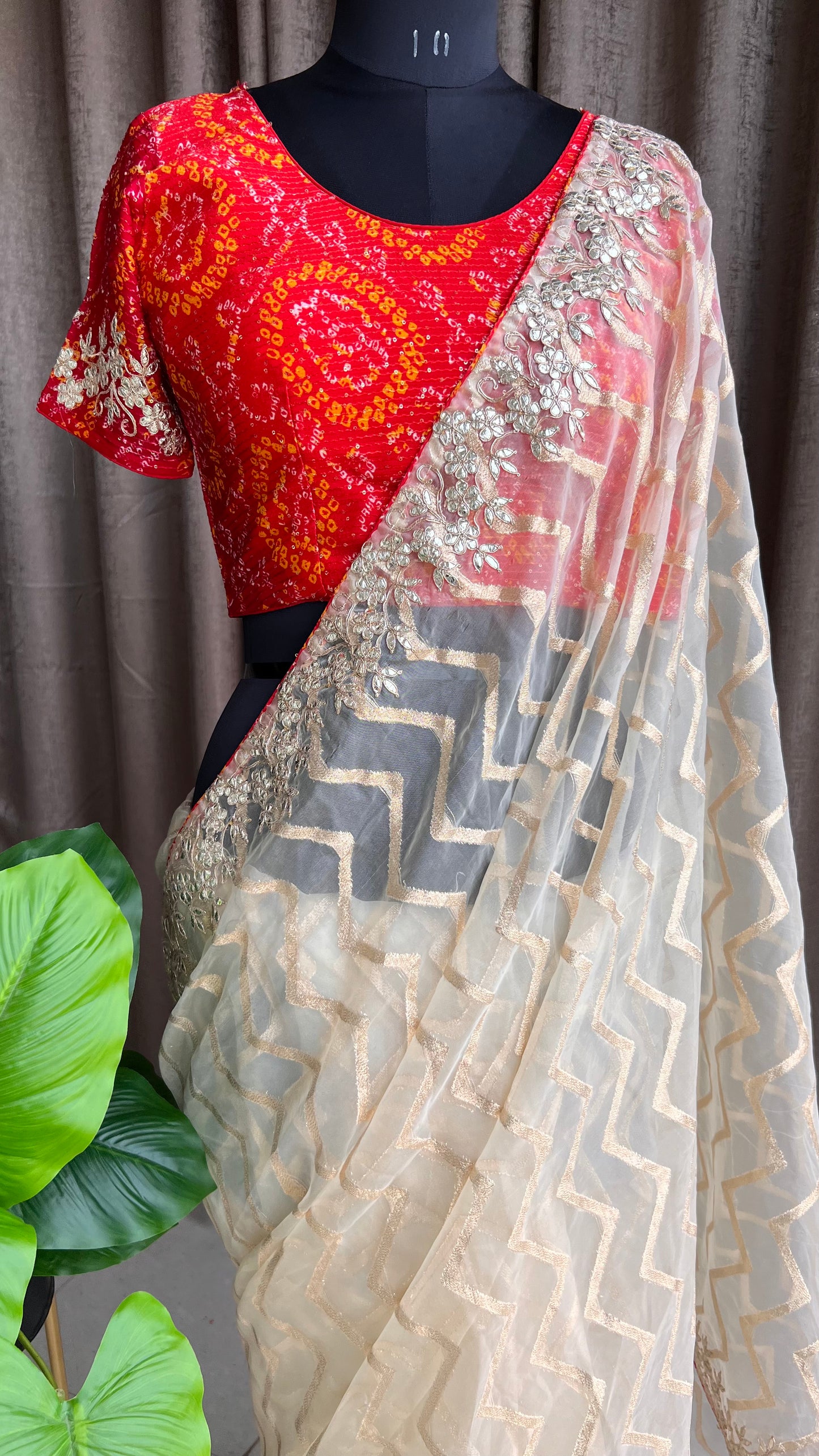 Cream organza saree with chiffon embroidery blouse - Threads