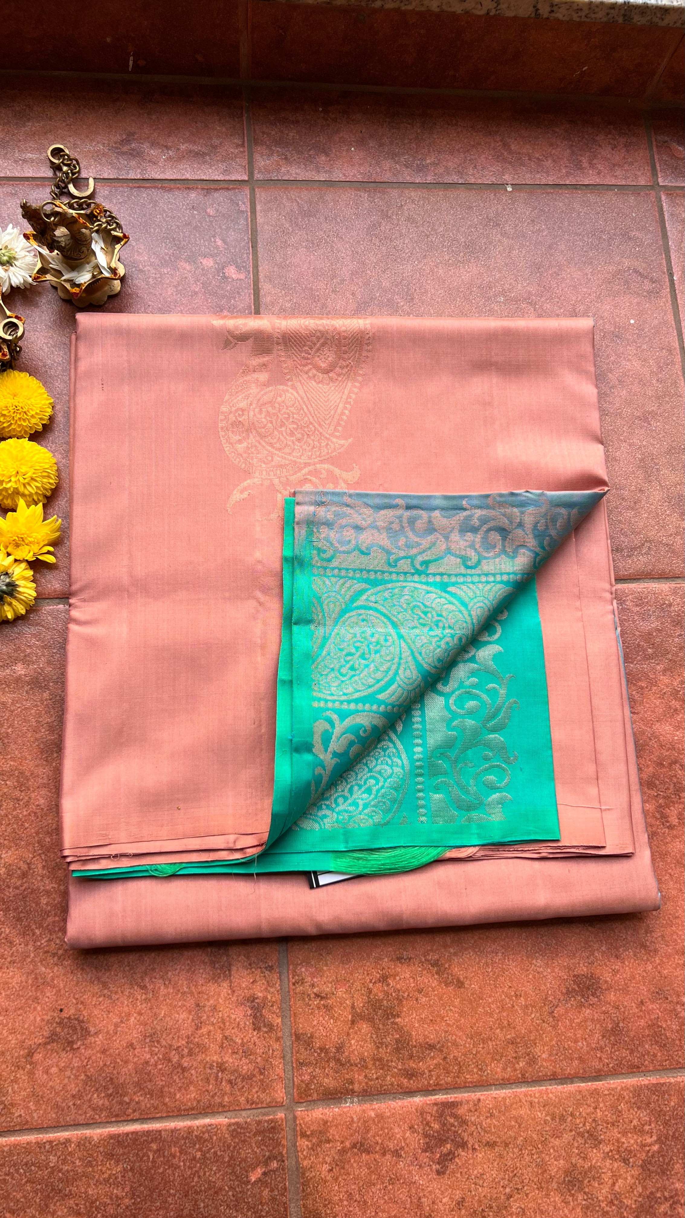 Peacock biscuit and electric blue kanchipuram silk saree with blouse - Threads