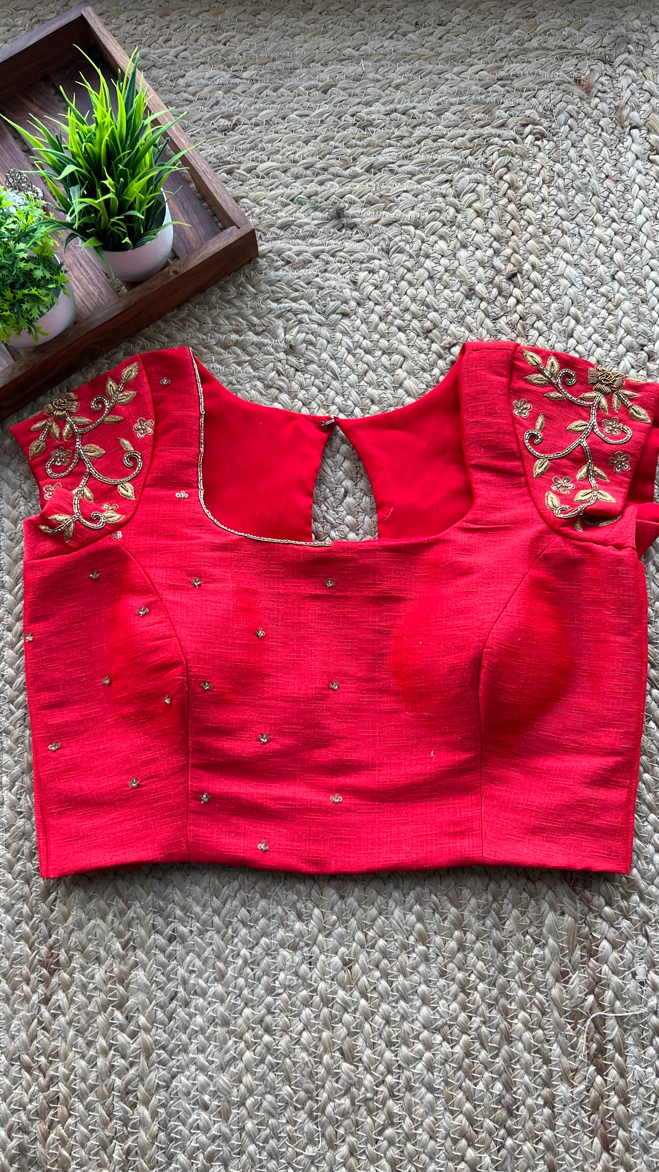 Red silk floral sleeves hand worked blouse