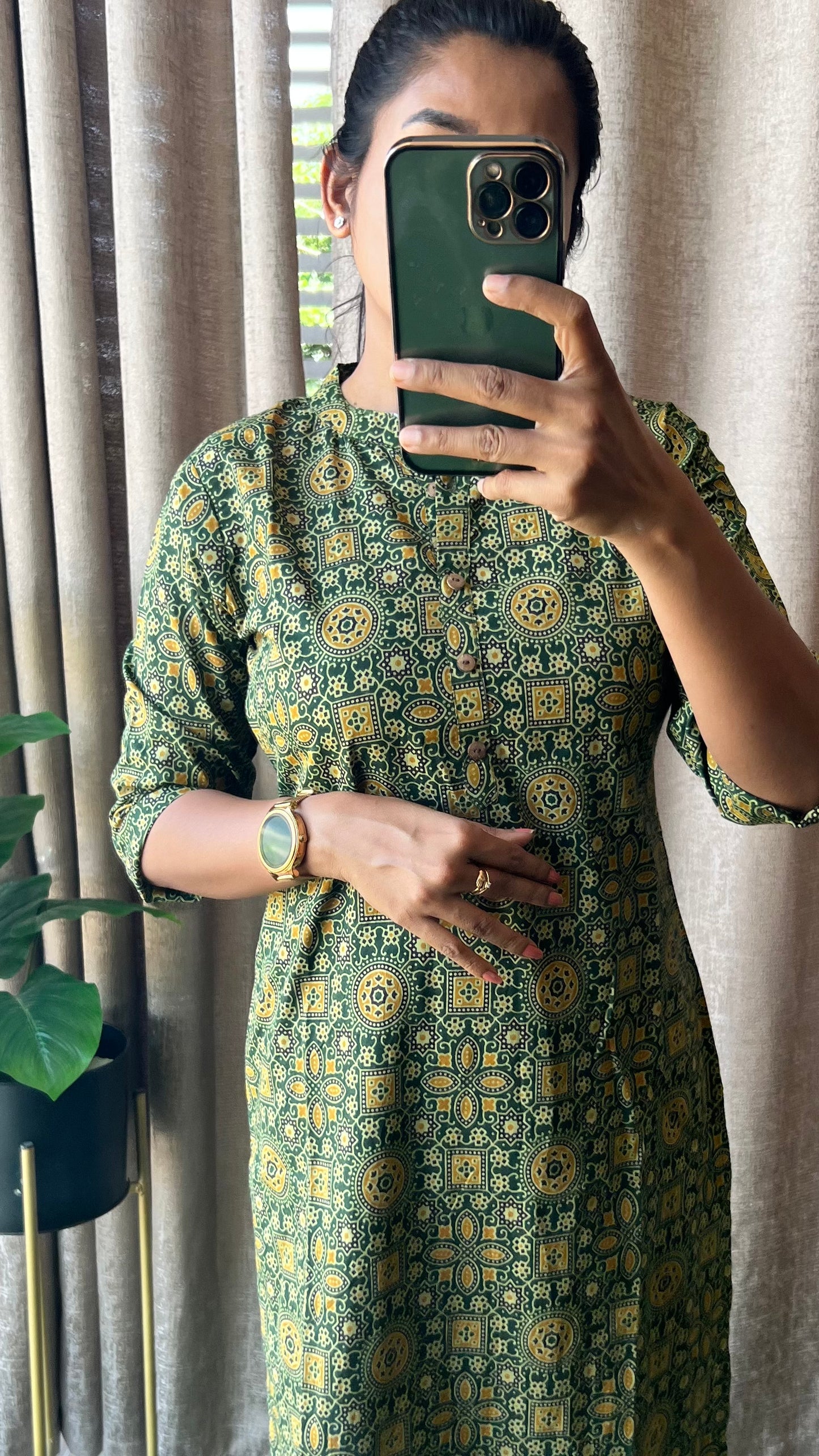 Green ajrak printed silk cotton kurti top