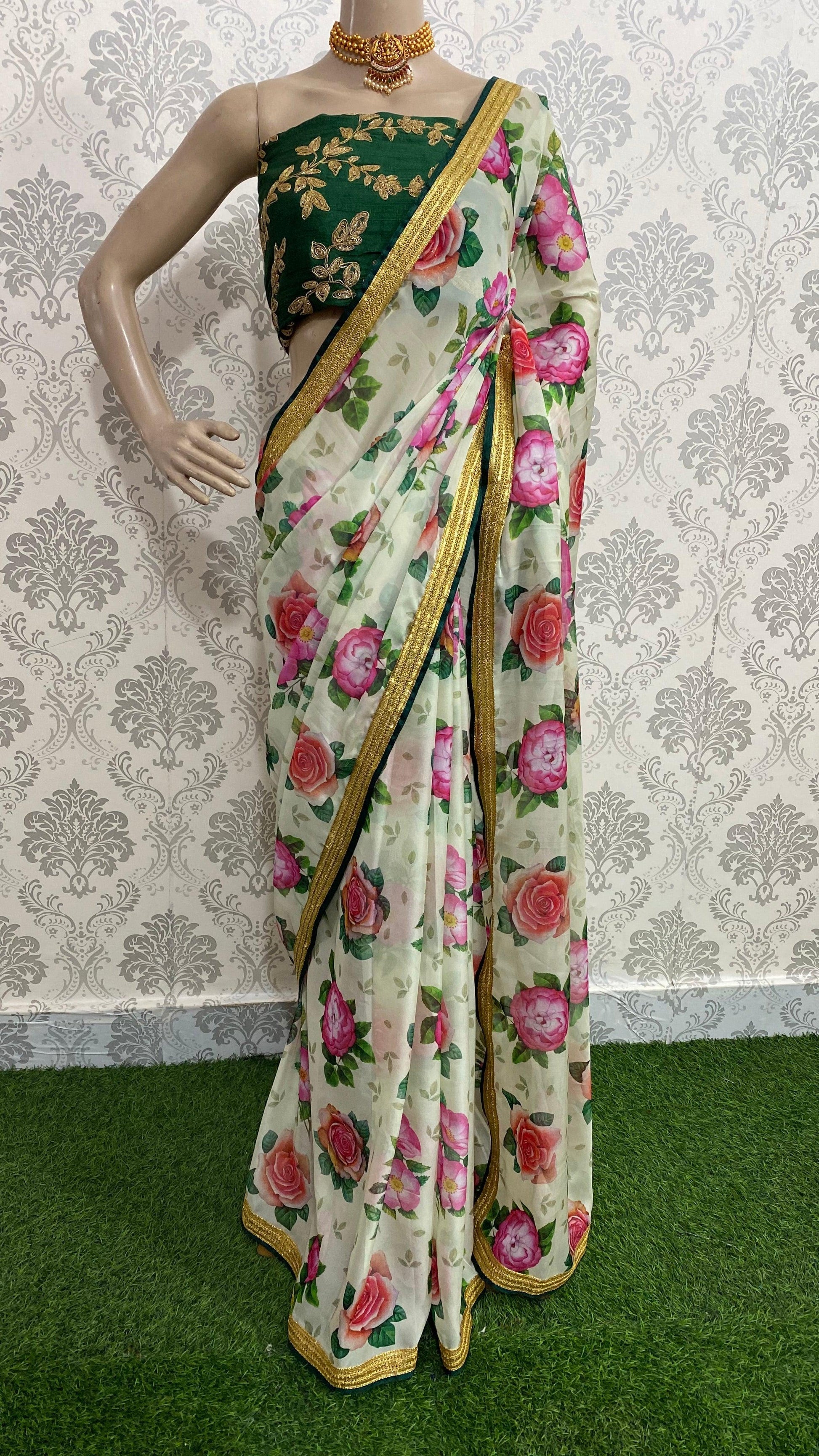 Organza Silk Floral saree with Embroidery Blouse - Threads