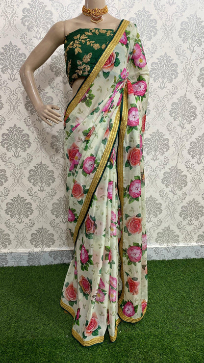 Organza Silk Floral saree with Embroidery Blouse - Threads