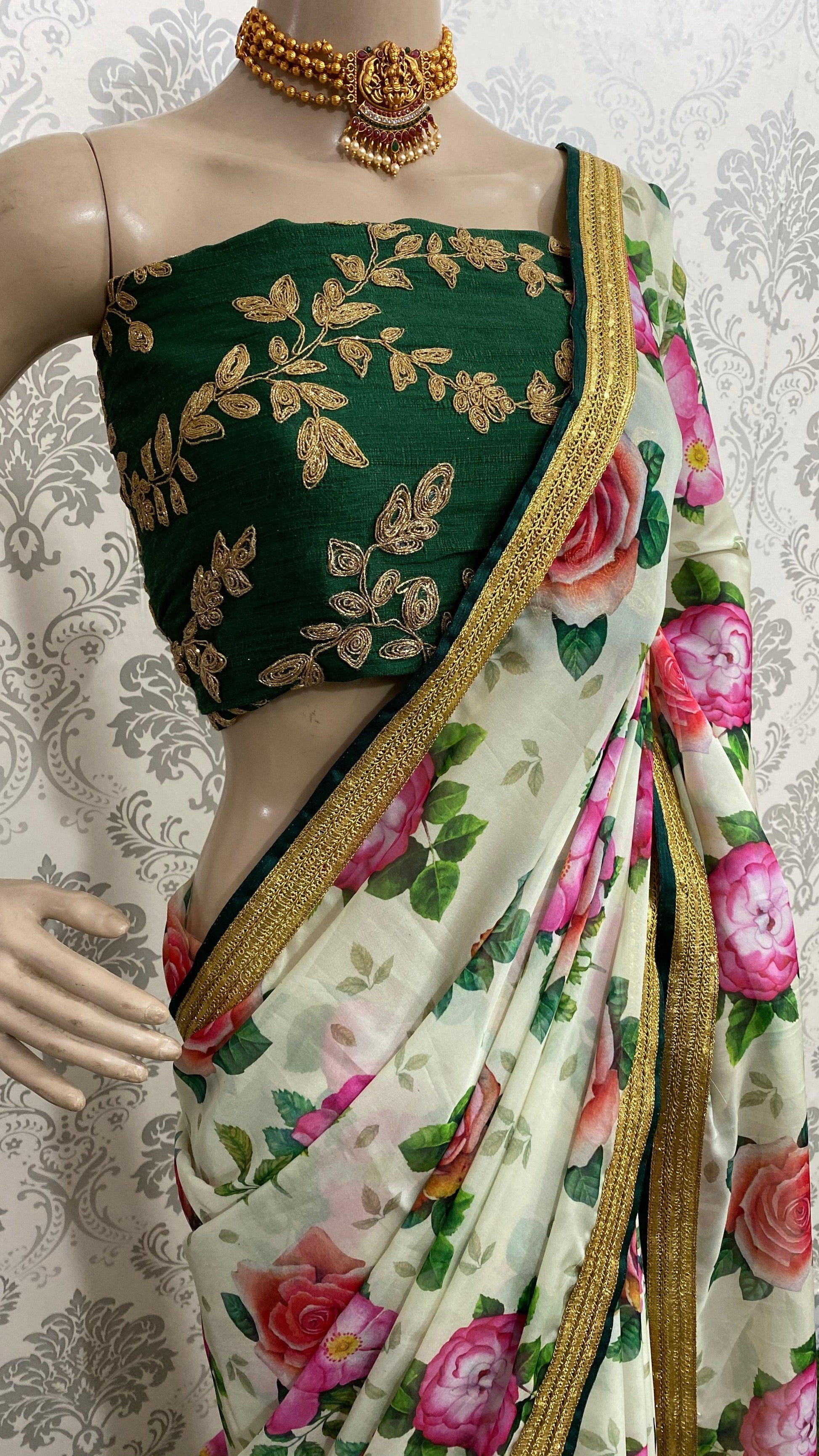 Organza Silk Floral saree with Embroidery Blouse - Threads