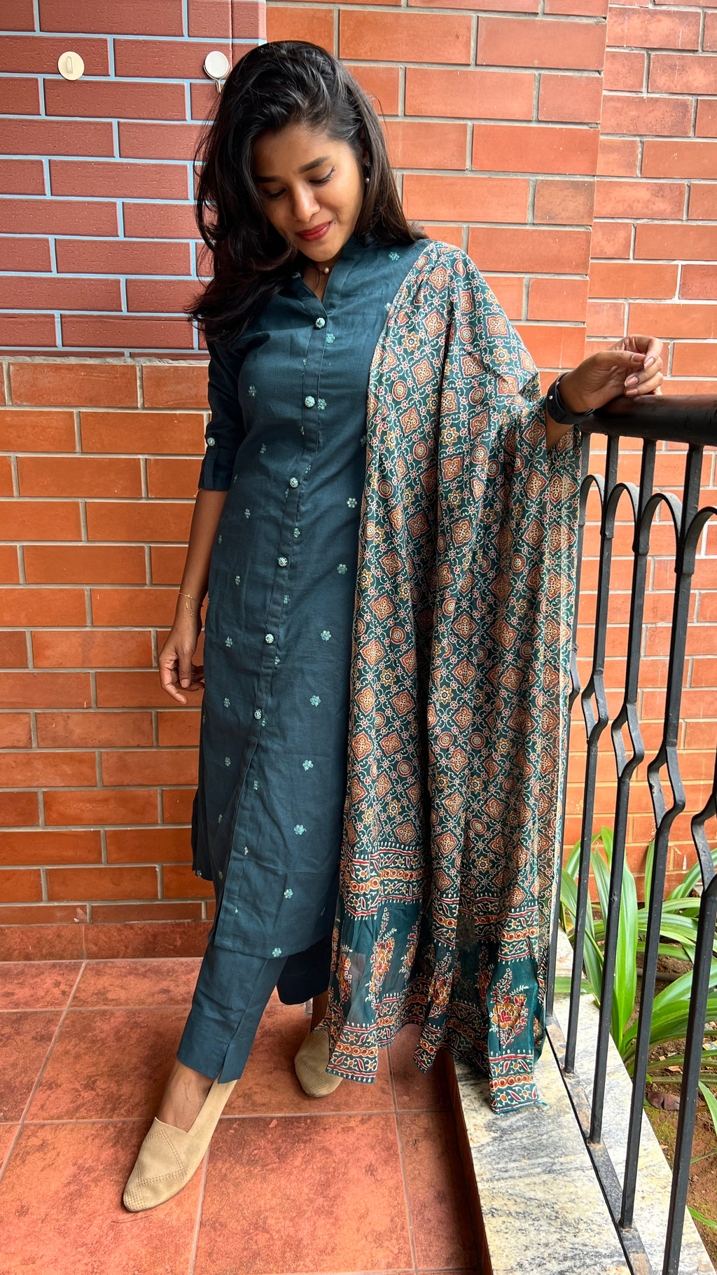 Bottle Green silk embroidery hand worked 3 piece kurti set - Threads