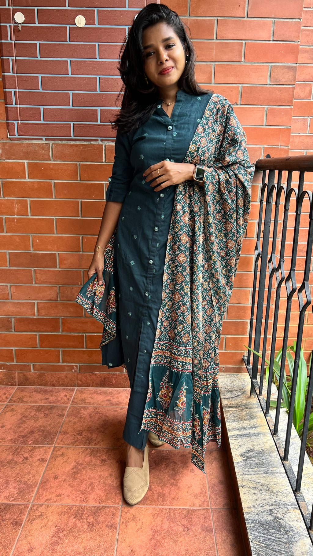 Bottle Green silk embroidery hand worked 3 piece kurti set - Threads