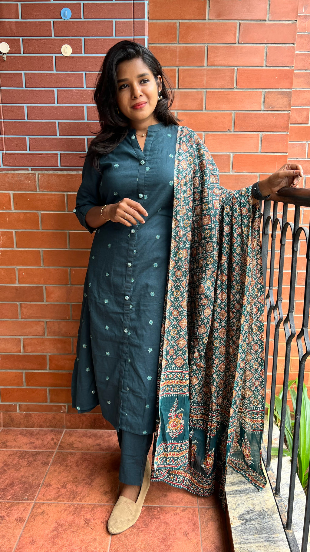 Bottle Green silk embroidery hand worked 3 piece kurti set - Threads