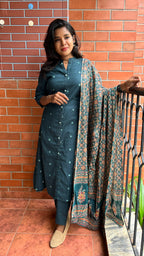 Bottle Green silk embroidery hand worked 3 piece kurti set - Threads