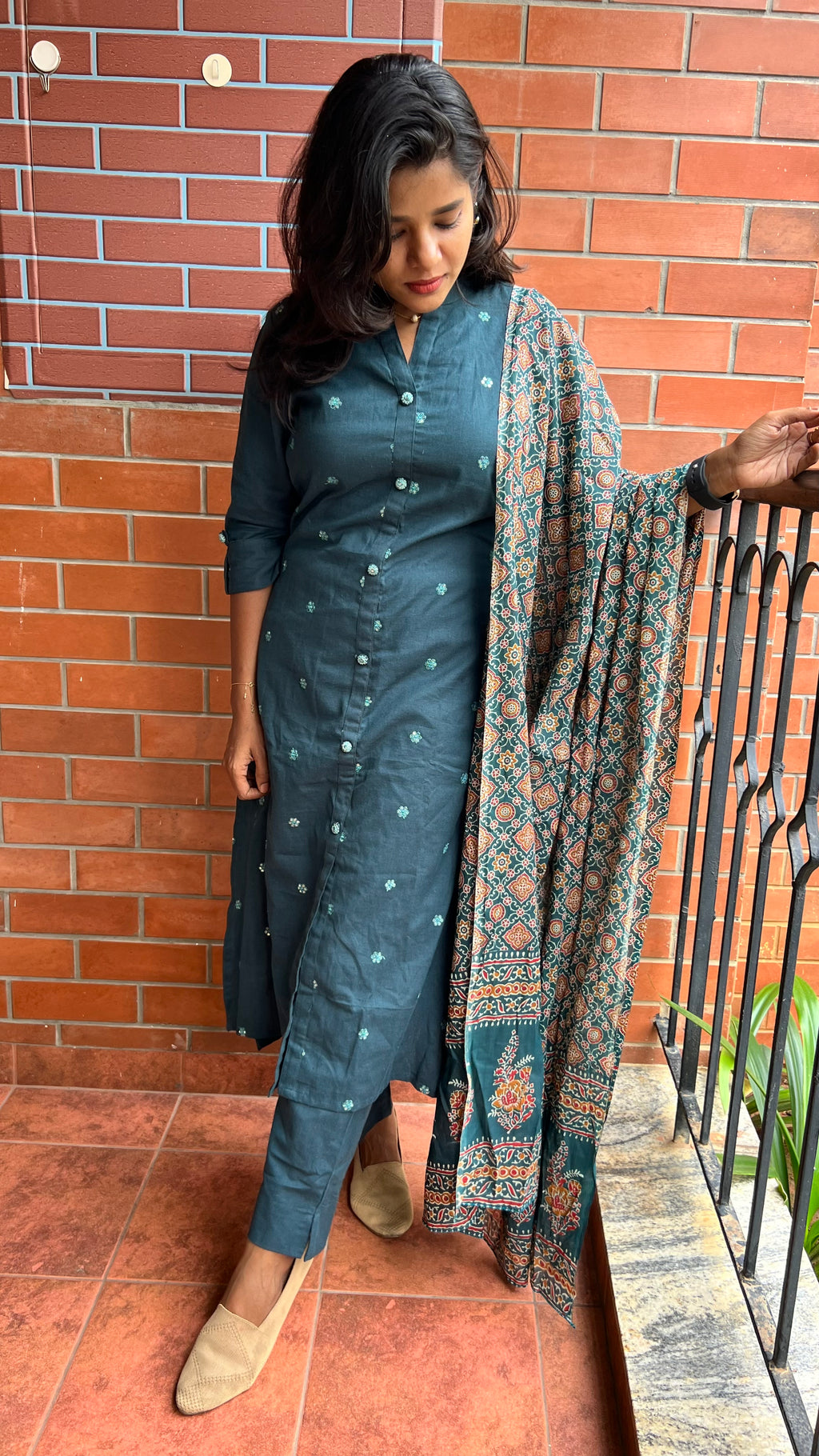 Bottle Green silk embroidery hand worked 3 piece kurti set - Threads