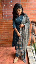 Bottle Green silk embroidery hand worked 3 piece kurti set - Threads