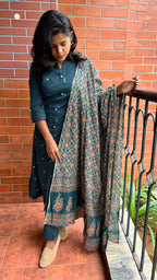 Bottle Green silk embroidery hand worked 3 piece kurti set - Threads