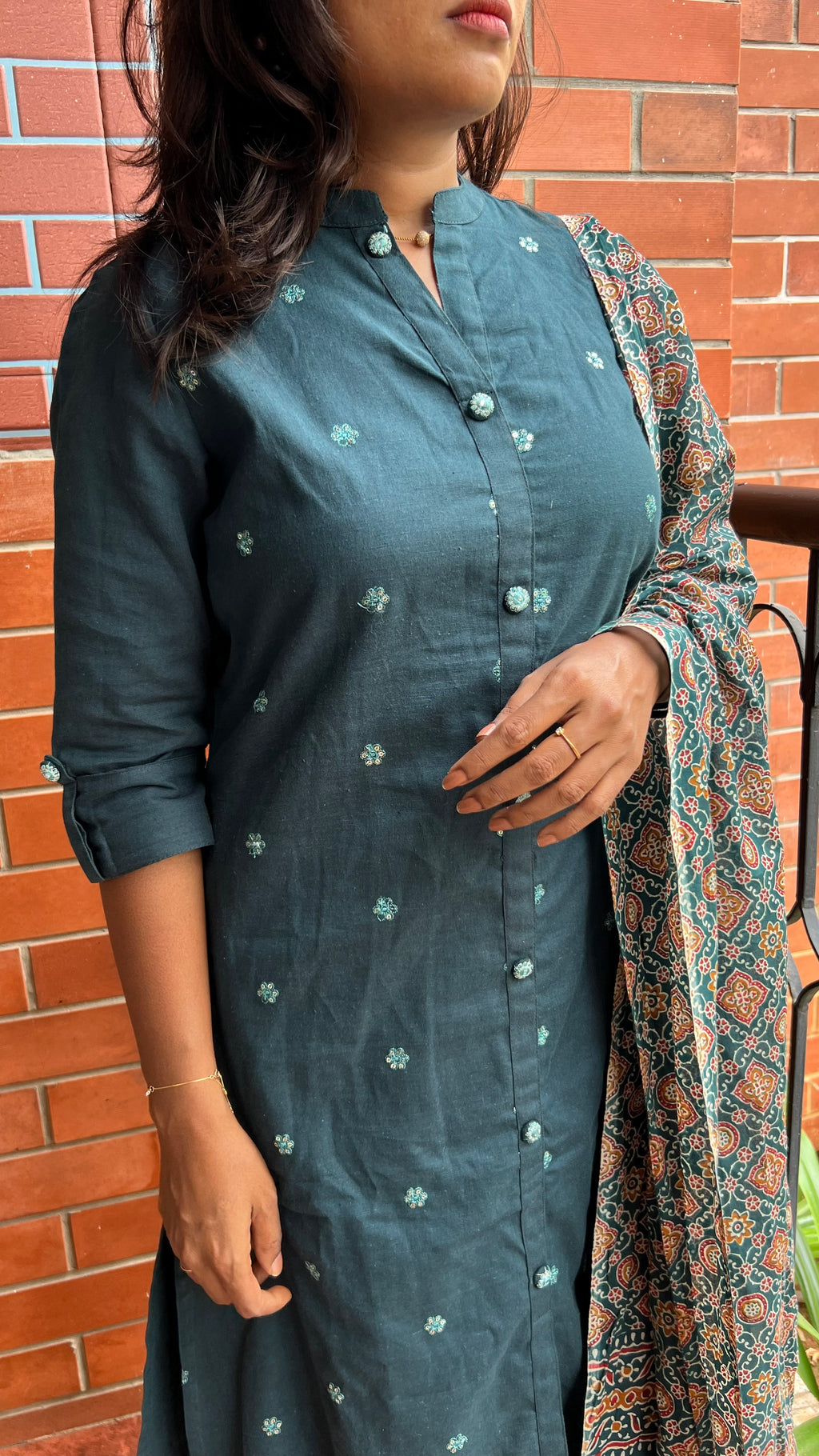Bottle Green silk embroidery hand worked 3 piece kurti set - Threads