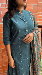 Bottle Green silk embroidery hand worked 3 piece kurti set - Threads