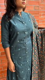 Bottle Green silk embroidery hand worked 3 piece kurti set - Threads