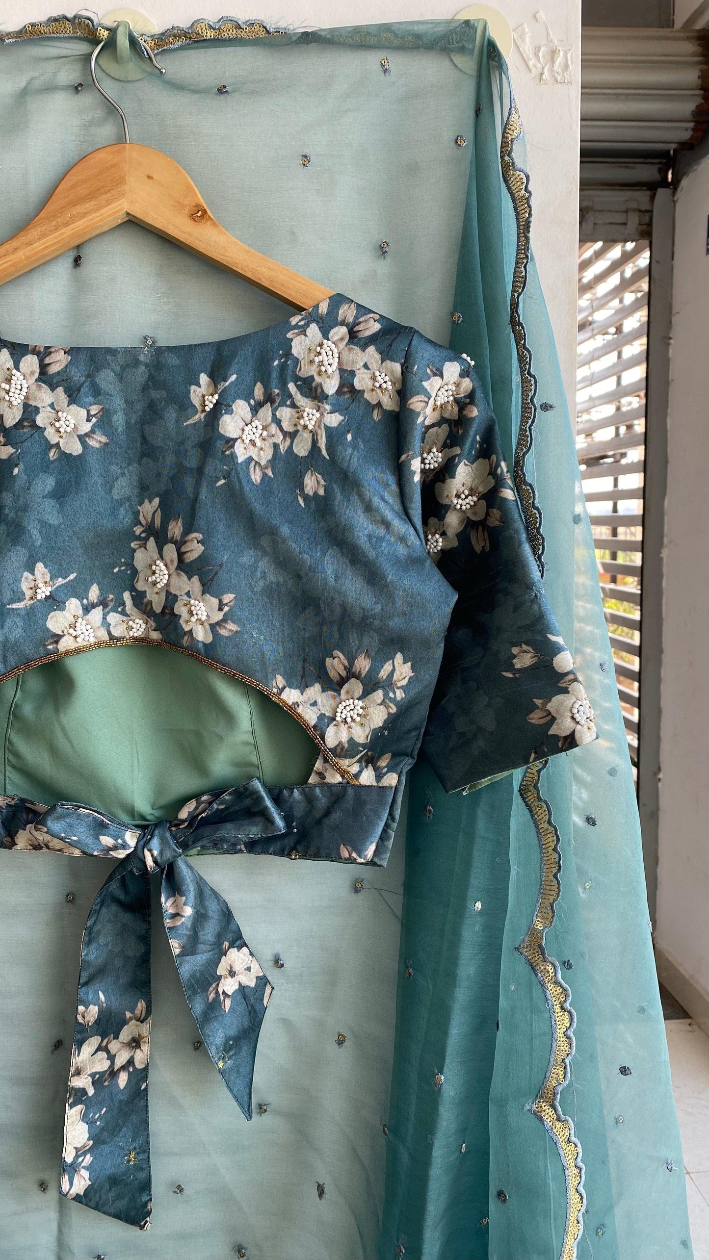Teal Blue silk hand made  designer blouse - Threads