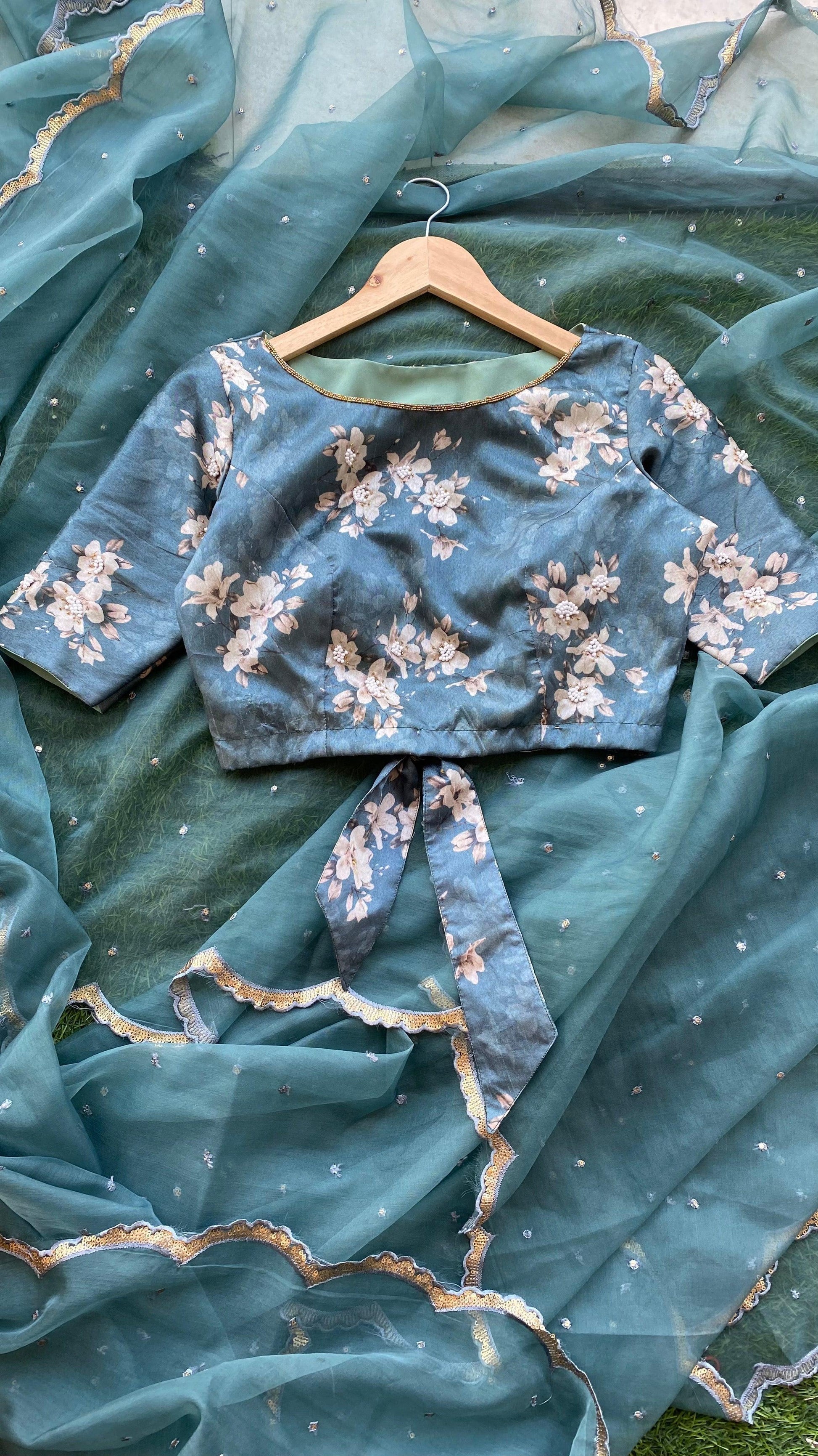 Teal Blue silk hand made  designer blouse - Threads