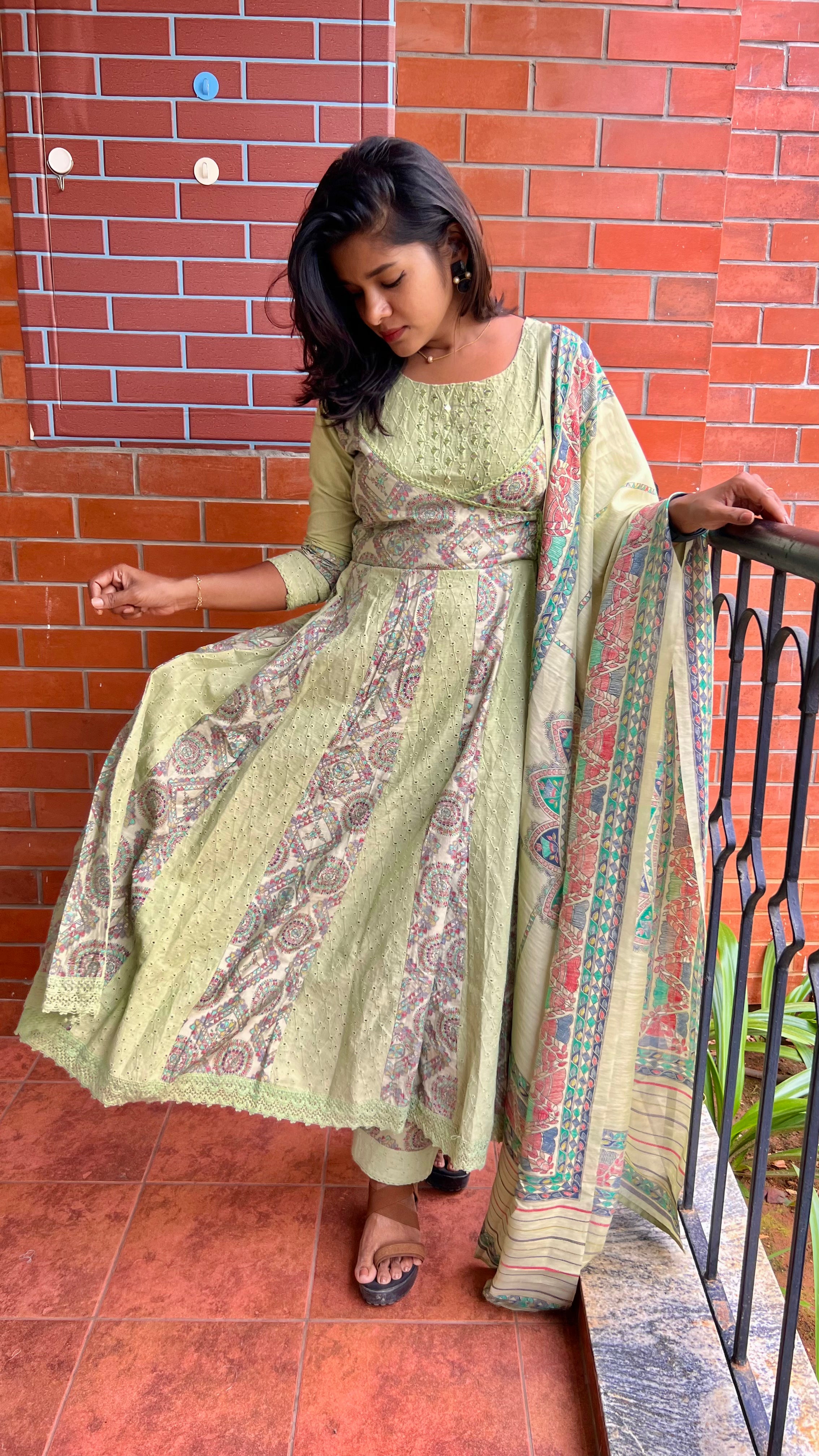 Light green cotton embroidery hand worked 3 piece kurti set - Threads