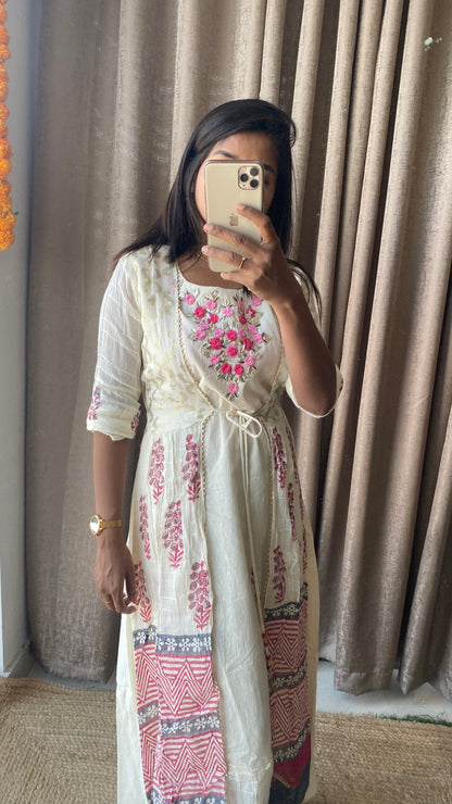 Cotton white embroidery worked kurti top