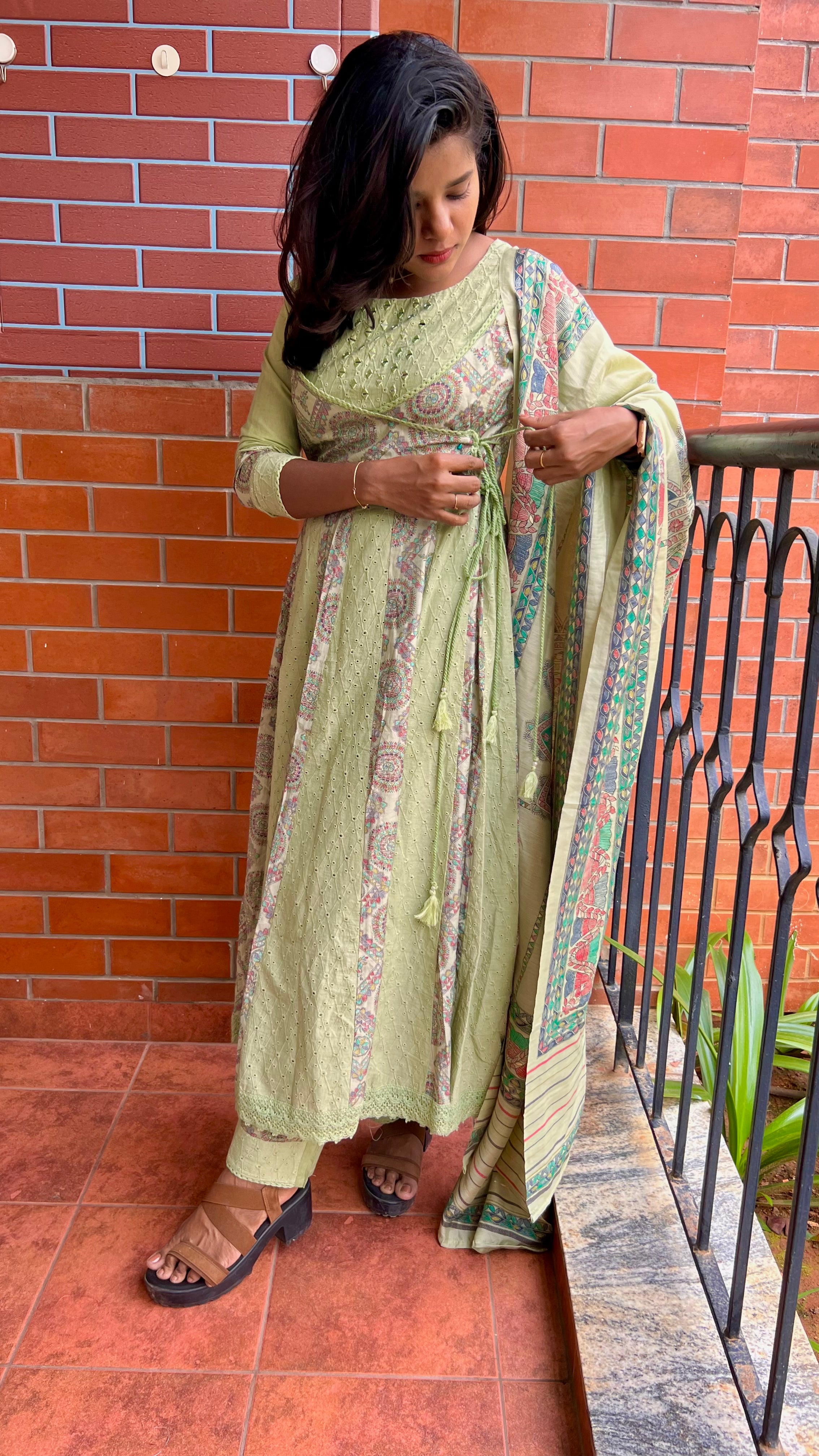 Light green cotton embroidery hand worked 3 piece kurti set - Threads