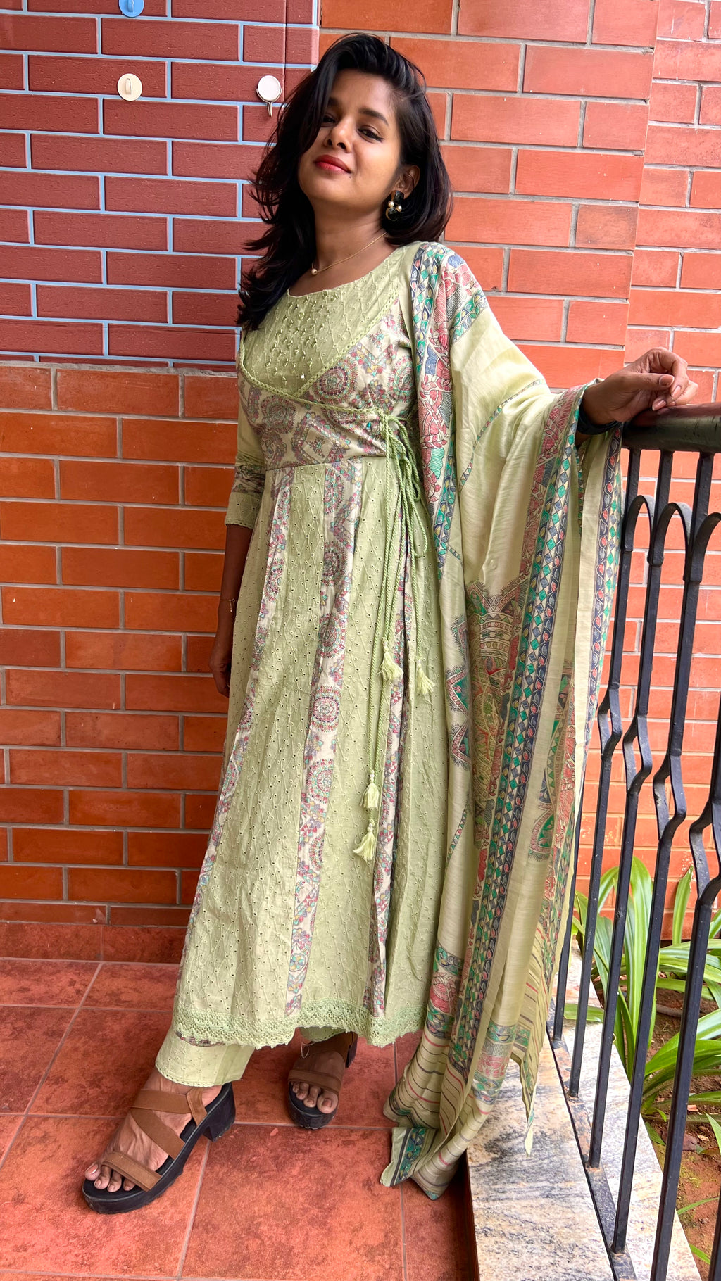 Light green cotton embroidery hand worked 3 piece kurti set - Threads