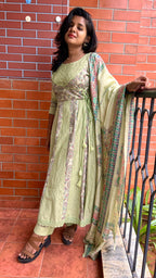 Light green cotton embroidery hand worked 3 piece kurti set - Threads