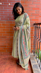 Light green cotton embroidery hand worked 3 piece kurti set - Threads