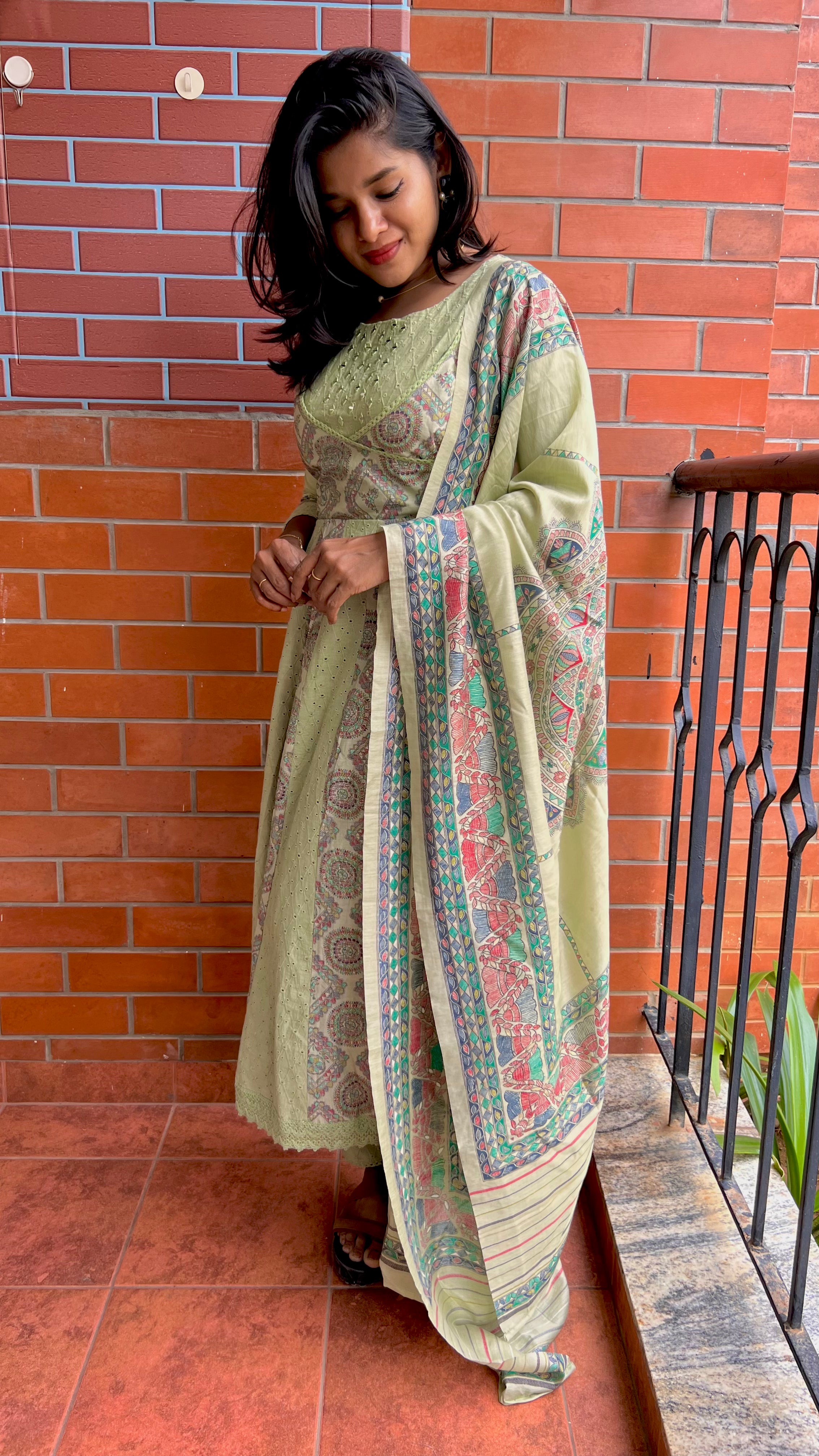 Light green cotton embroidery hand worked 3 piece kurti set - Threads
