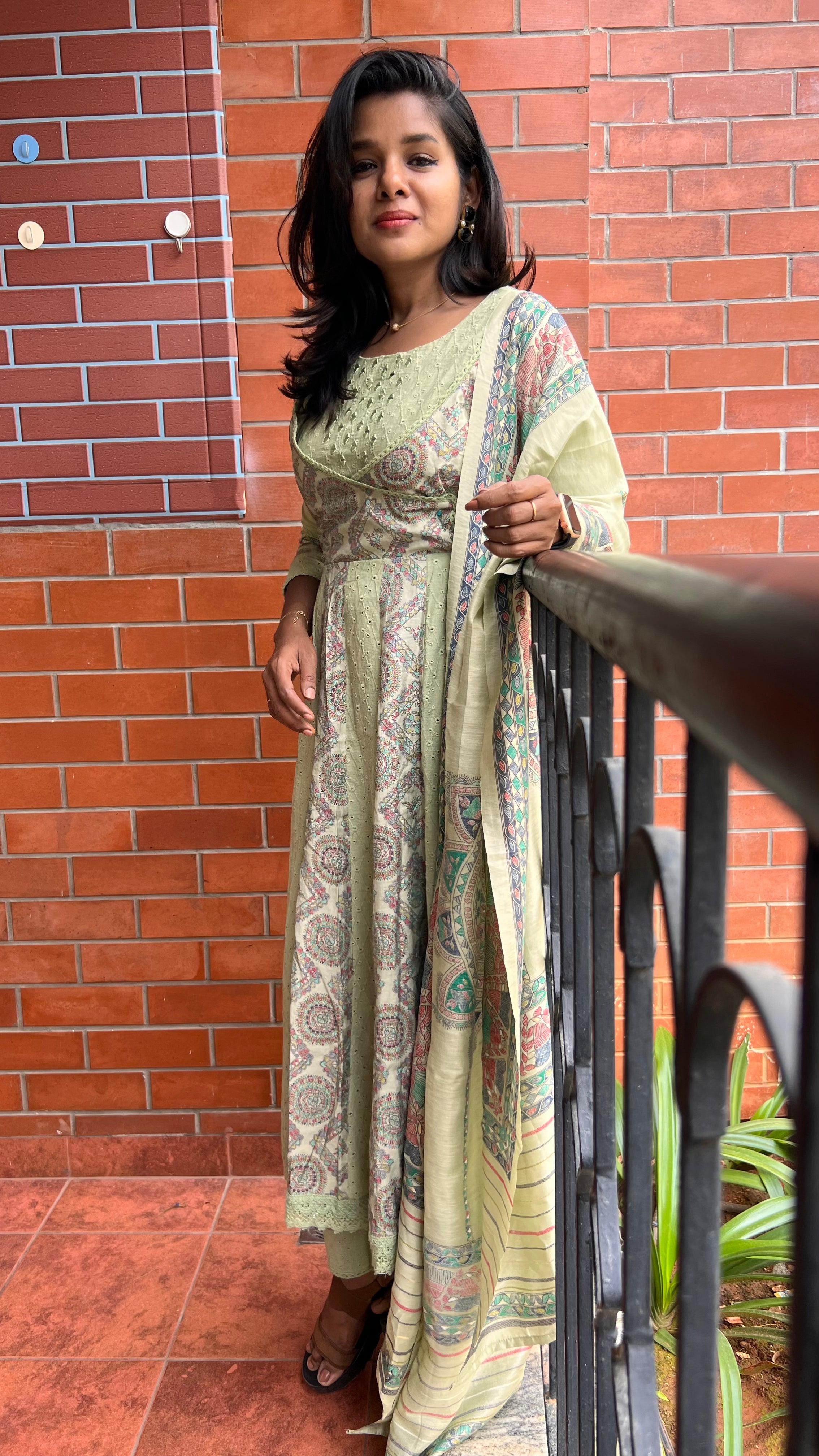 Light green cotton embroidery hand worked 3 piece kurti set - Threads