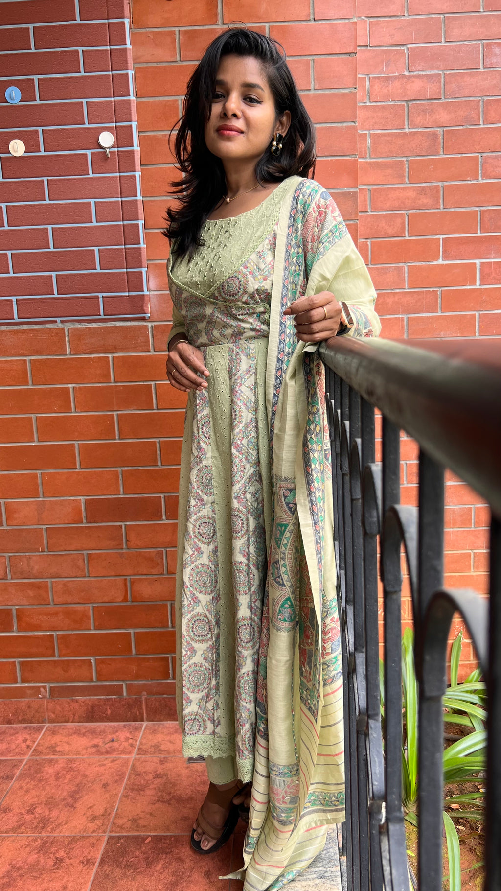 Light green cotton embroidery hand worked 3 piece kurti set - Threads