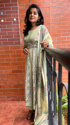Light green cotton embroidery hand worked 3 piece kurti set - Threads