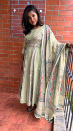Light green cotton embroidery hand worked 3 piece kurti set - Threads