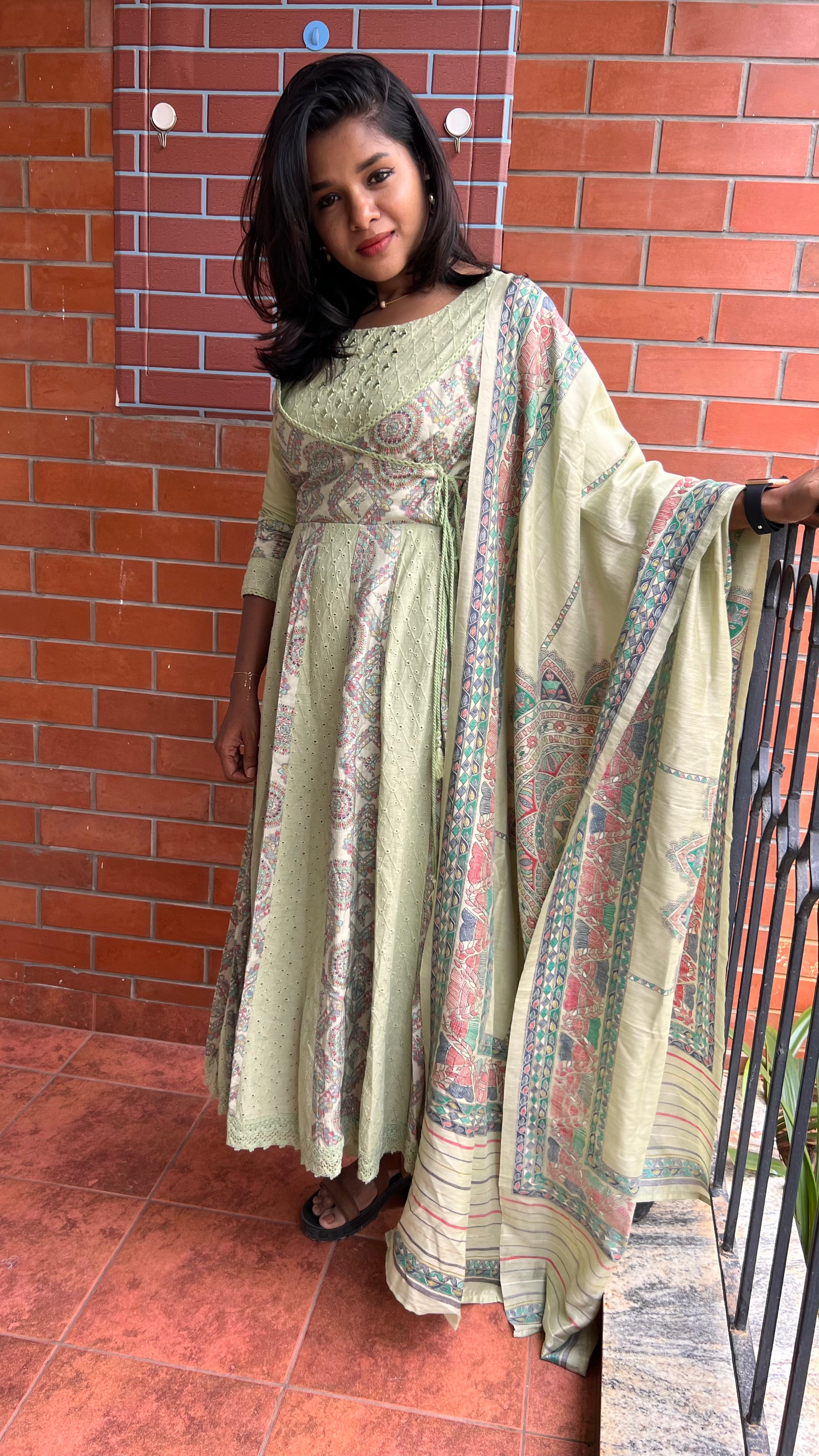 Light green cotton embroidery hand worked 3 piece kurti set - Threads