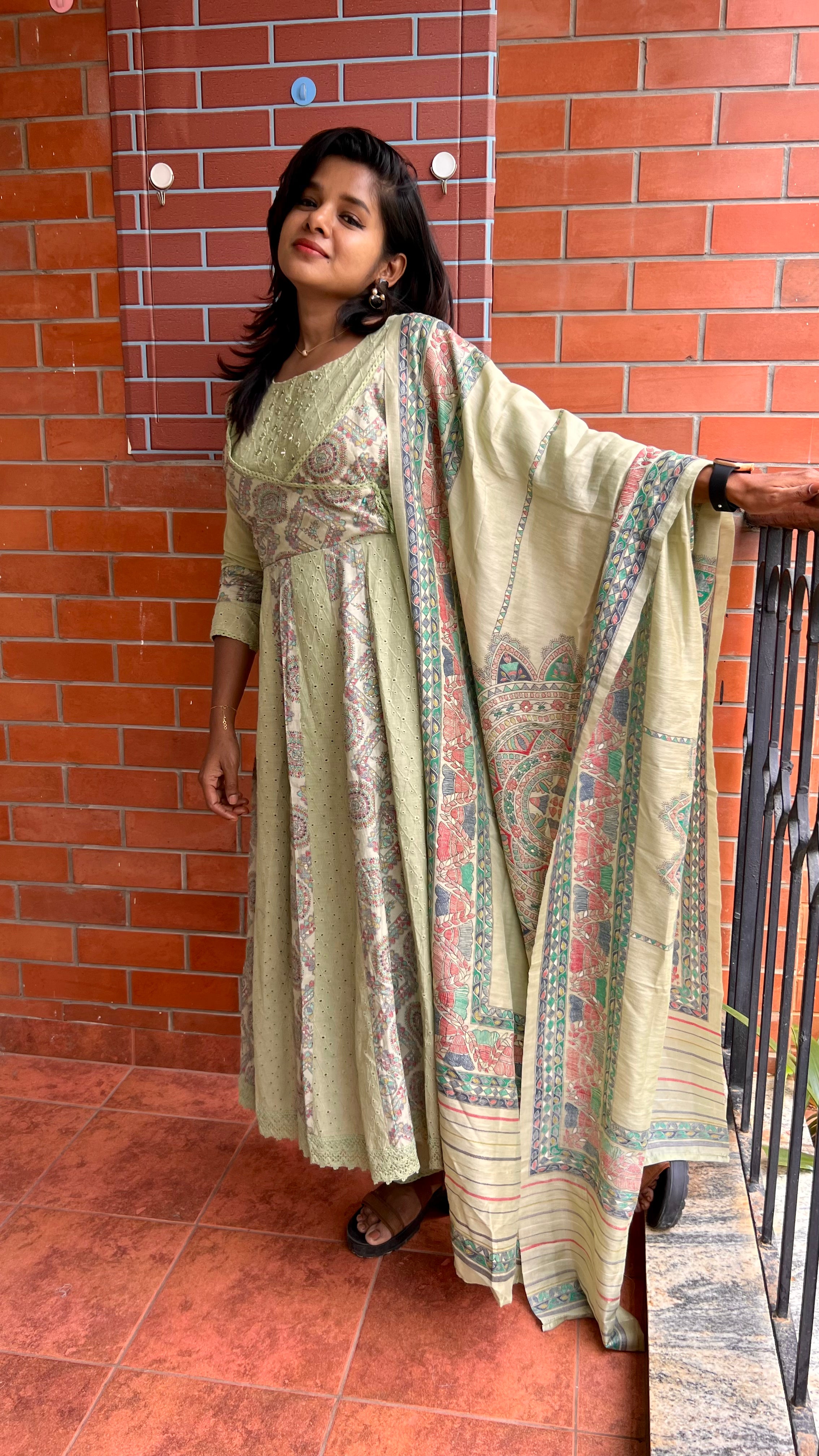 Light green cotton embroidery hand worked 3 piece kurti set - Threads
