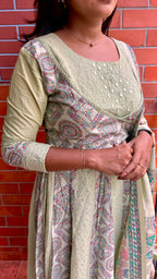 Light green cotton embroidery hand worked 3 piece kurti set - Threads