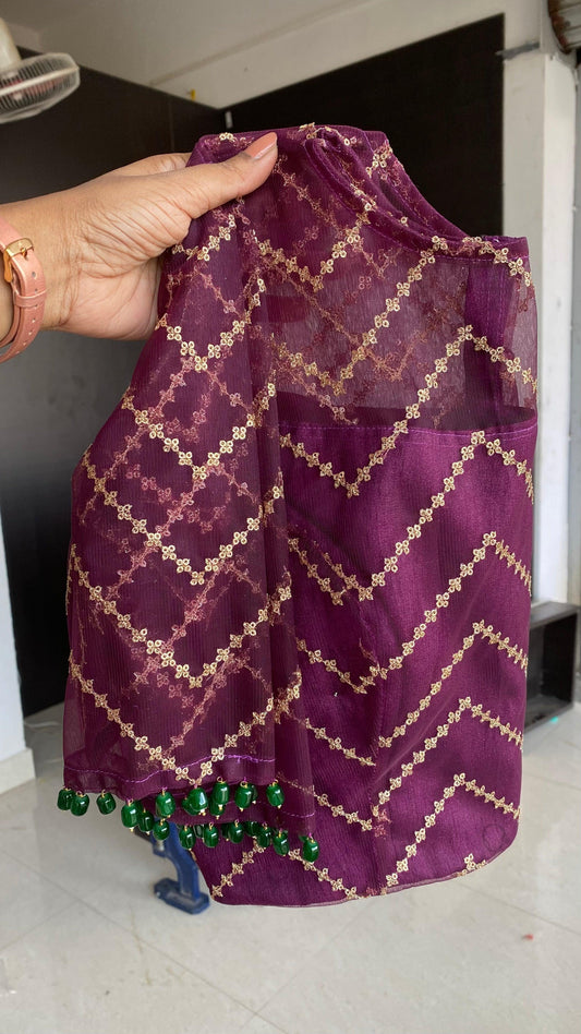 Wine netted hand worked blouse for designer saree - Threads