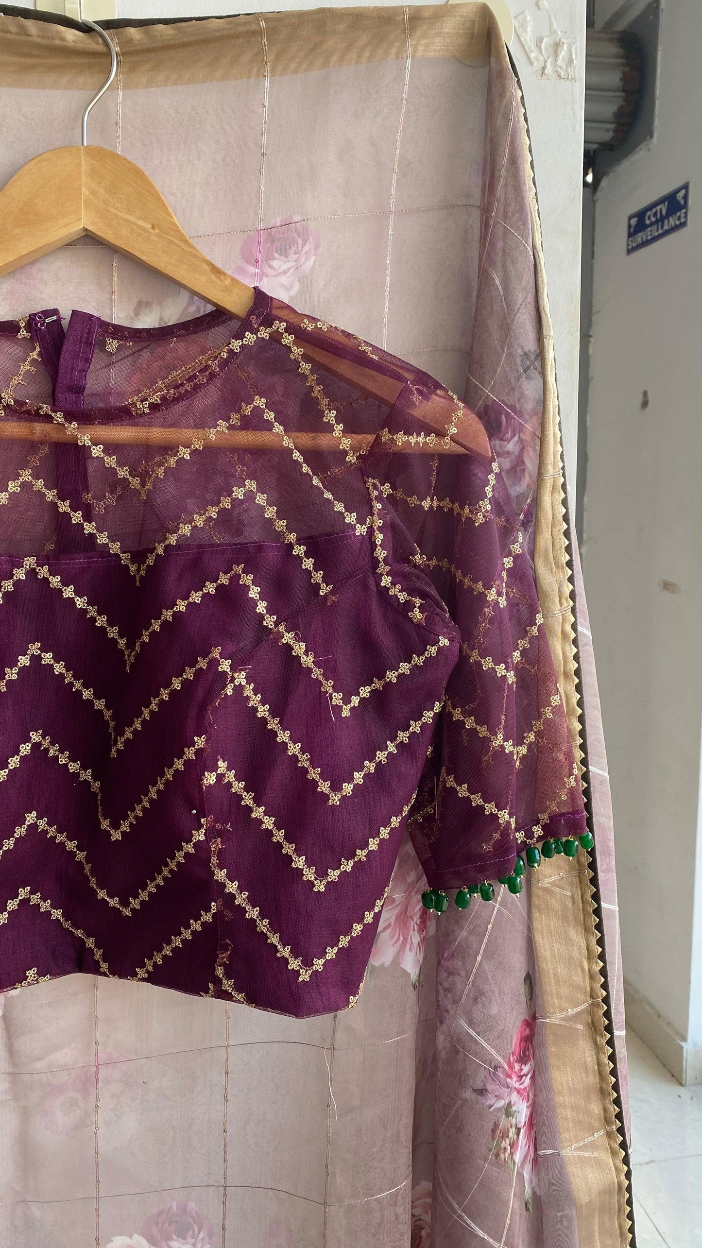 Wine netted hand worked blouse for designer saree - Threads