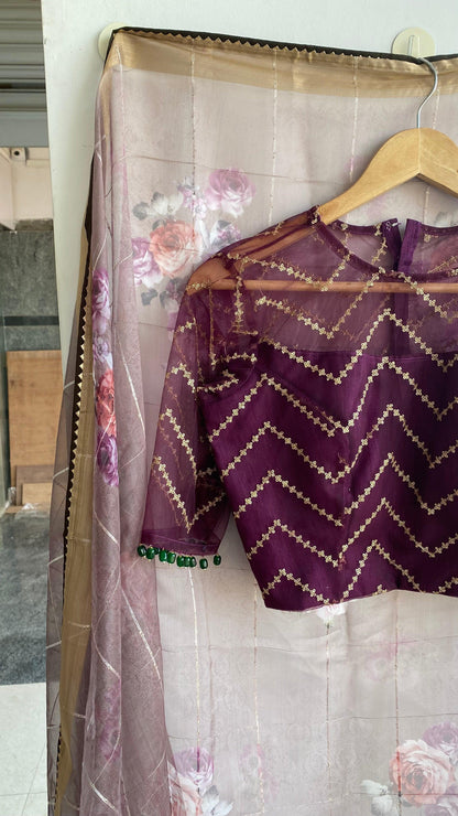 Wine netted hand worked blouse for designer saree - Threads