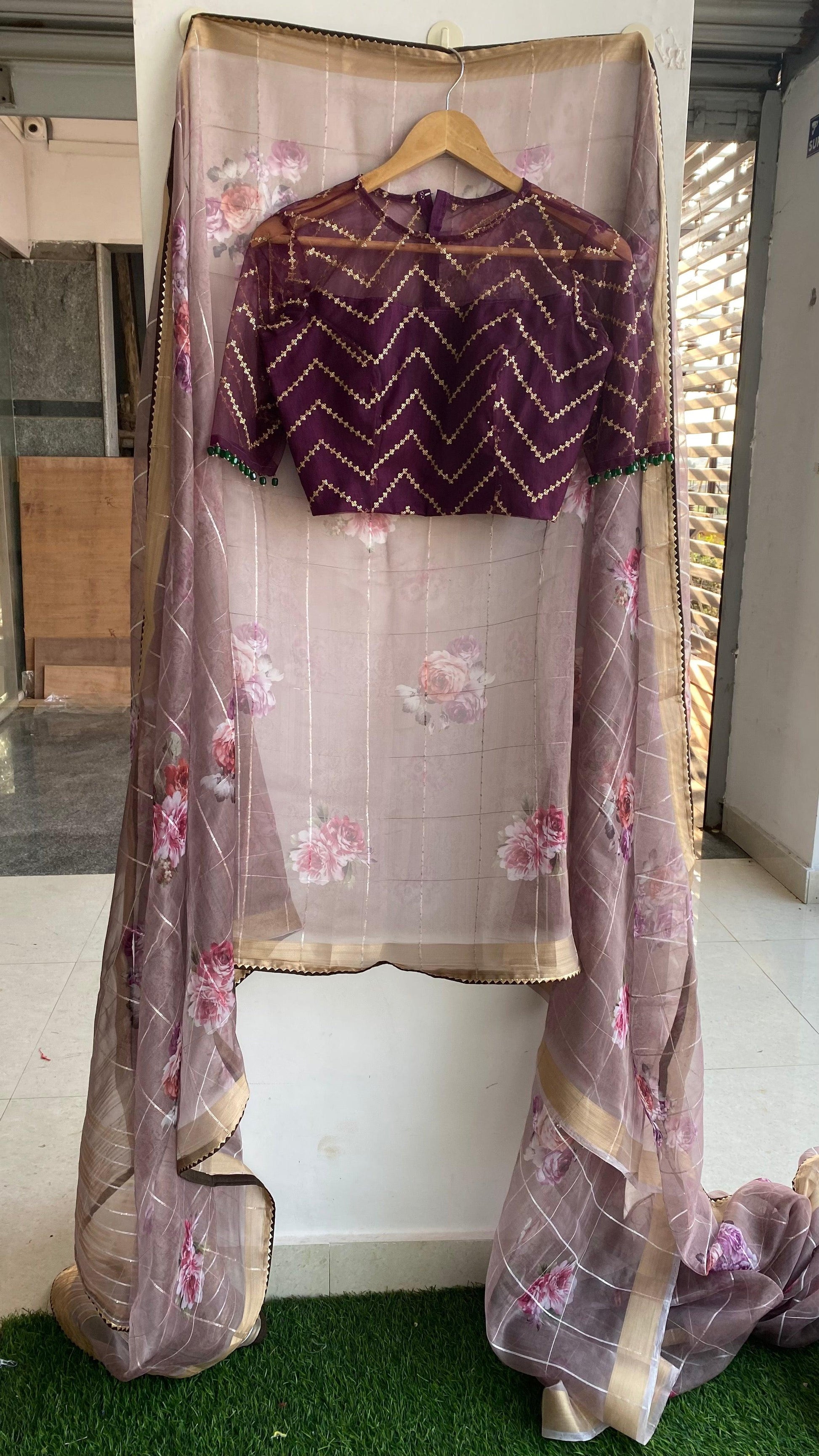 Floral organza saree with netted hand worked blouse - Threads
