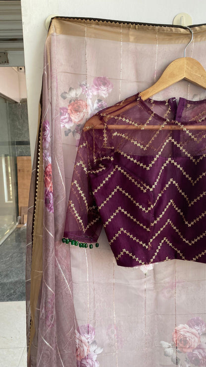 Wine netted hand worked blouse for designer saree - Threads