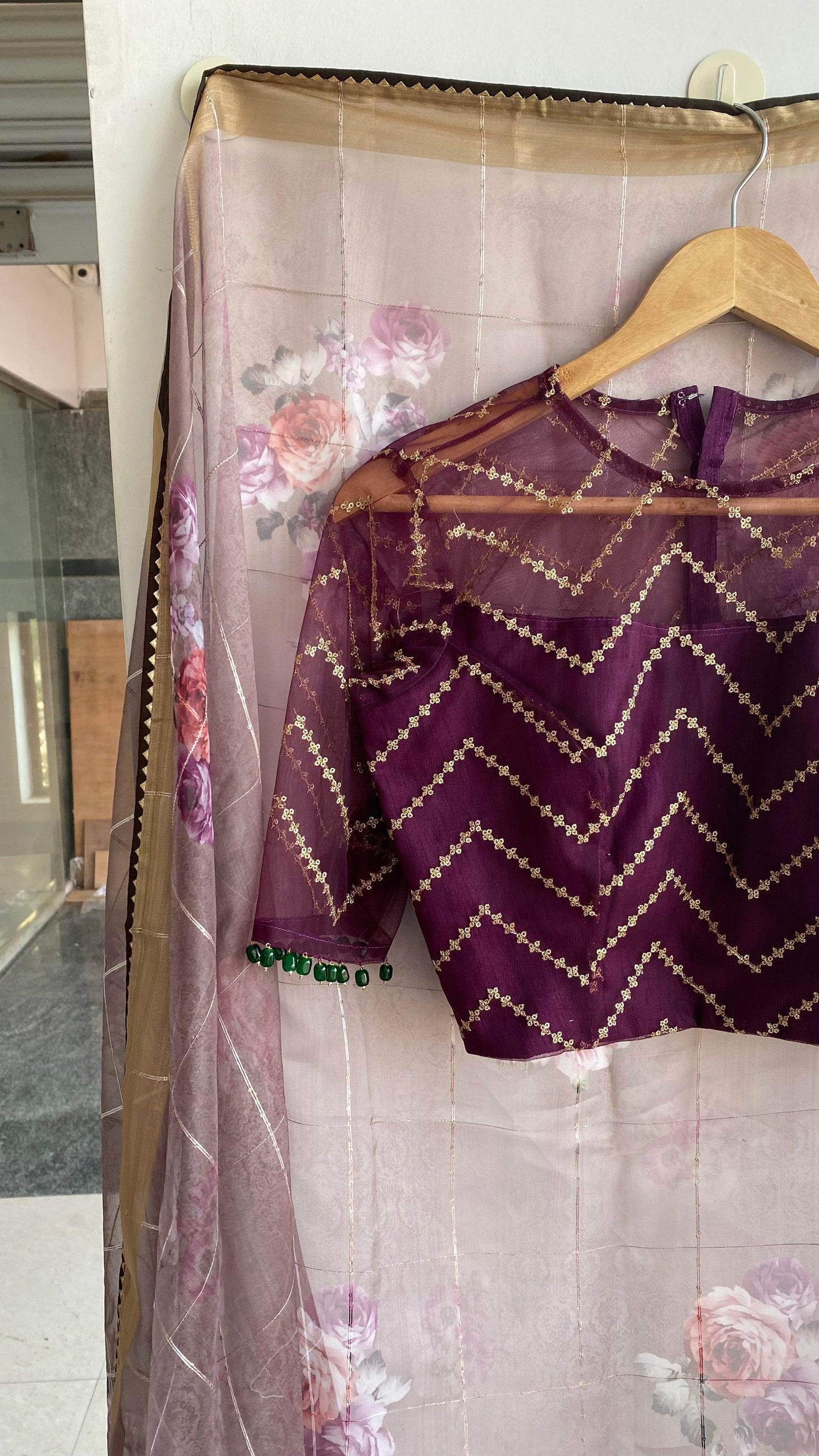 Wine netted hand worked blouse for designer saree - Threads