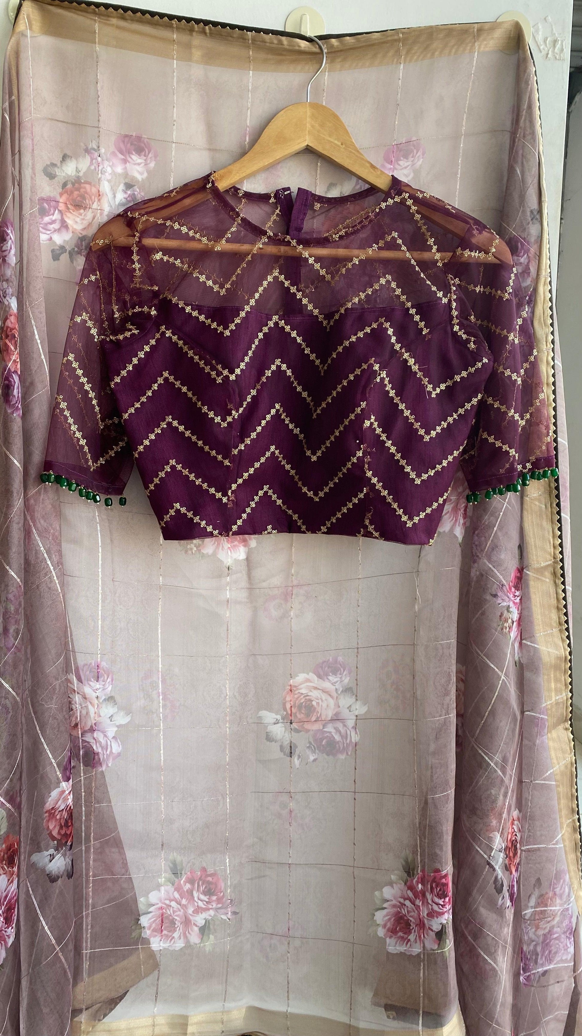 Wine netted hand worked blouse for designer saree - Threads
